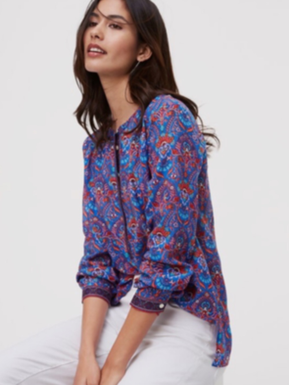 LOFT The Softened Paisley & Floral Print Popover Top in Blue & Red Boho Festival